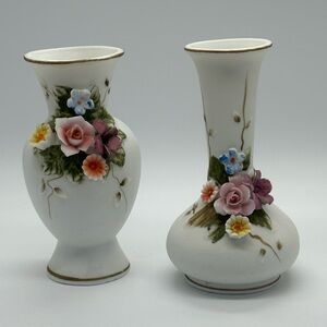 Lefton White Vases with Pink and Purple Floral Accents